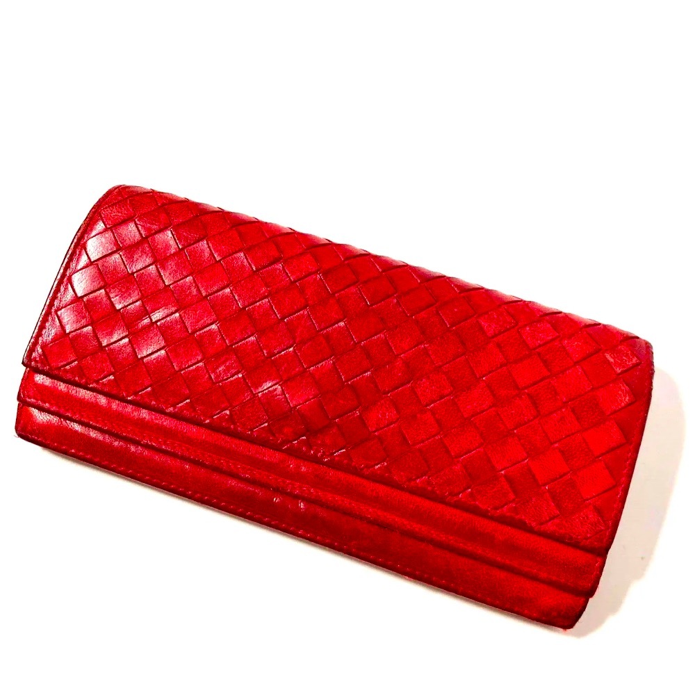 BOTTEGA VENETA VINTAGE INTRECCIATO LEATHER LONG WALLET RED